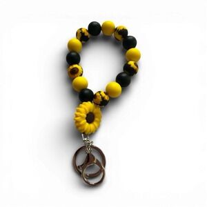 Keychain Beaded Bracelet Sunflower Yellow Black Silicone Wristlet Spring Woman